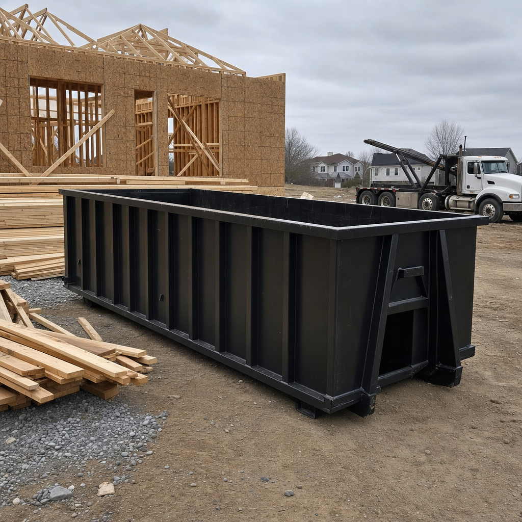 Matte-black 40-yard roll-off dumpster staged on a framed-out residential construction site in Brownsville, framing lumber stacked nearby, hooklift delivery truck visible in the background under bright Colorado daylight
