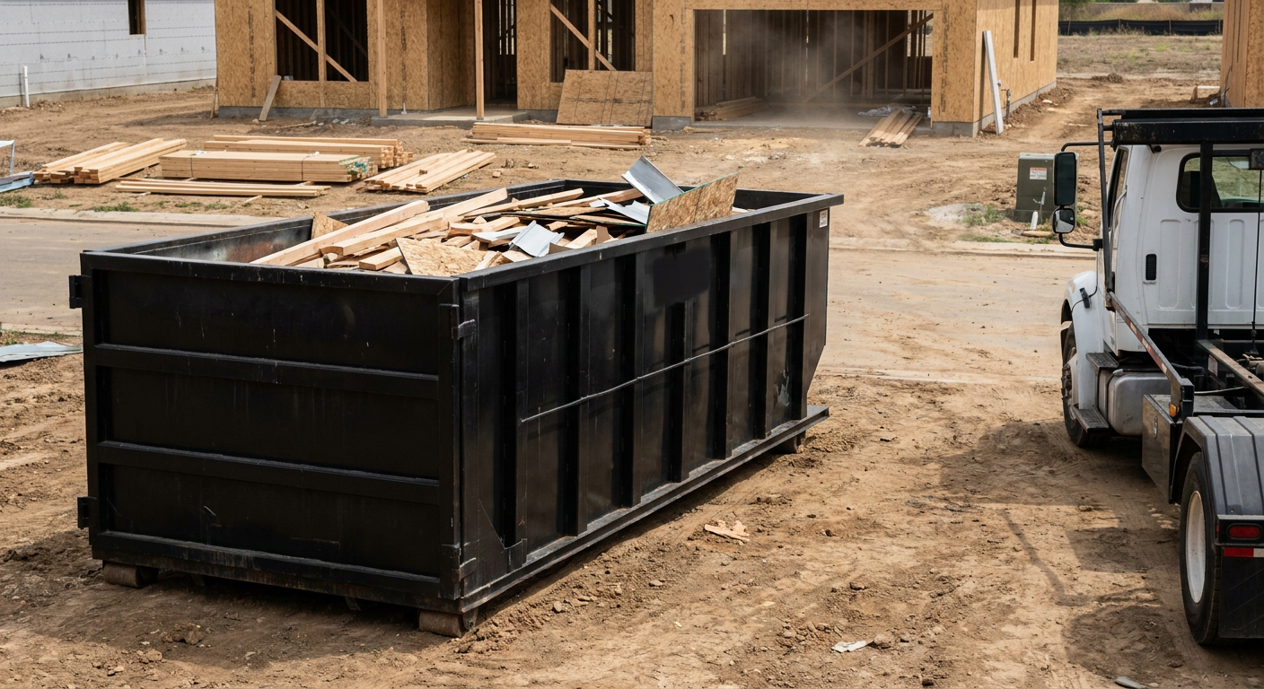 Matte-black 20-yard roll-off construction dumpster with heavy ribbed steel sidewalls and swing rear doors at a working jobsite in Brownsville, sitting directly on compacted dirt with an unmarked white hauler partially visible at the far edge of the frame.
