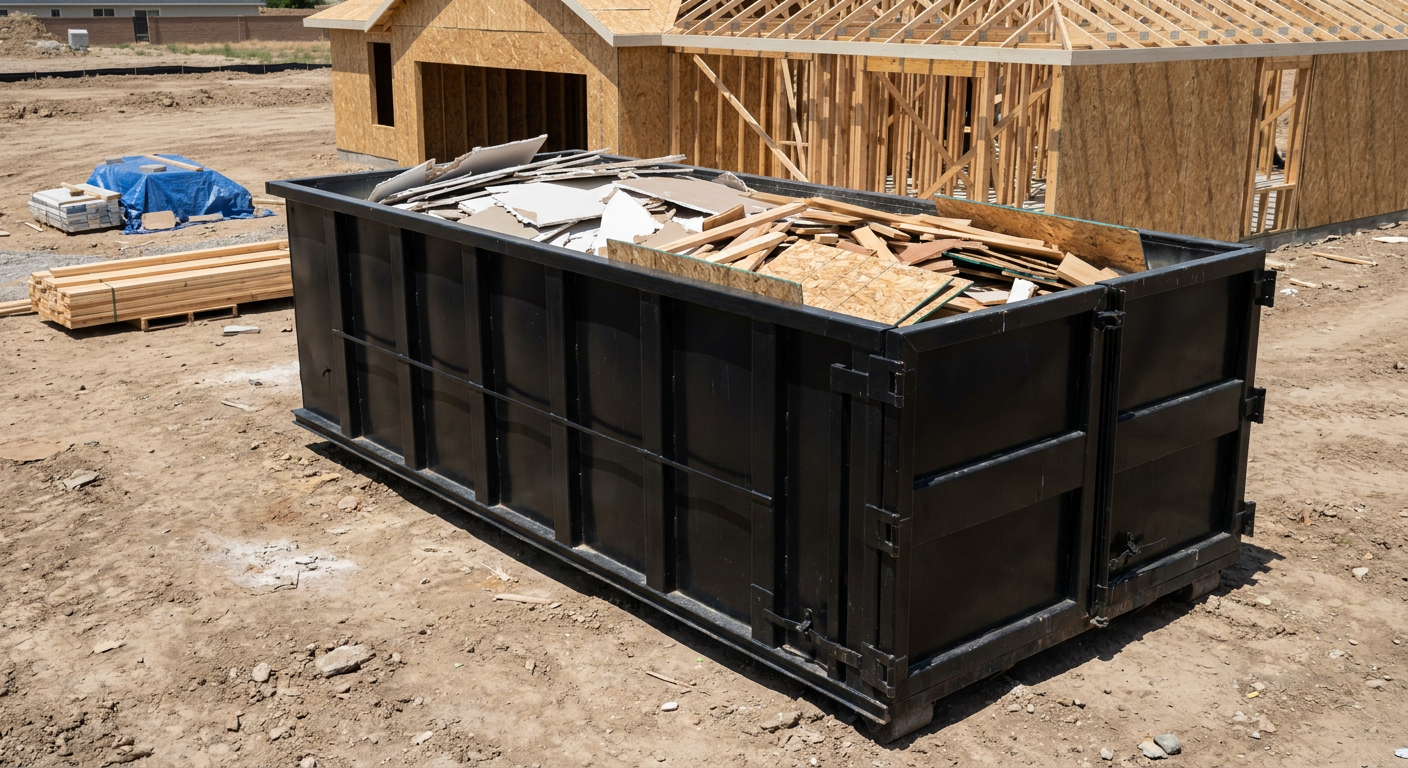 Matte-black 30-yard roll-off construction dumpster sitting directly on the compacted-dirt site of a framed single-family home build in Brownsville, drywall and lumber scrap loaded inside.