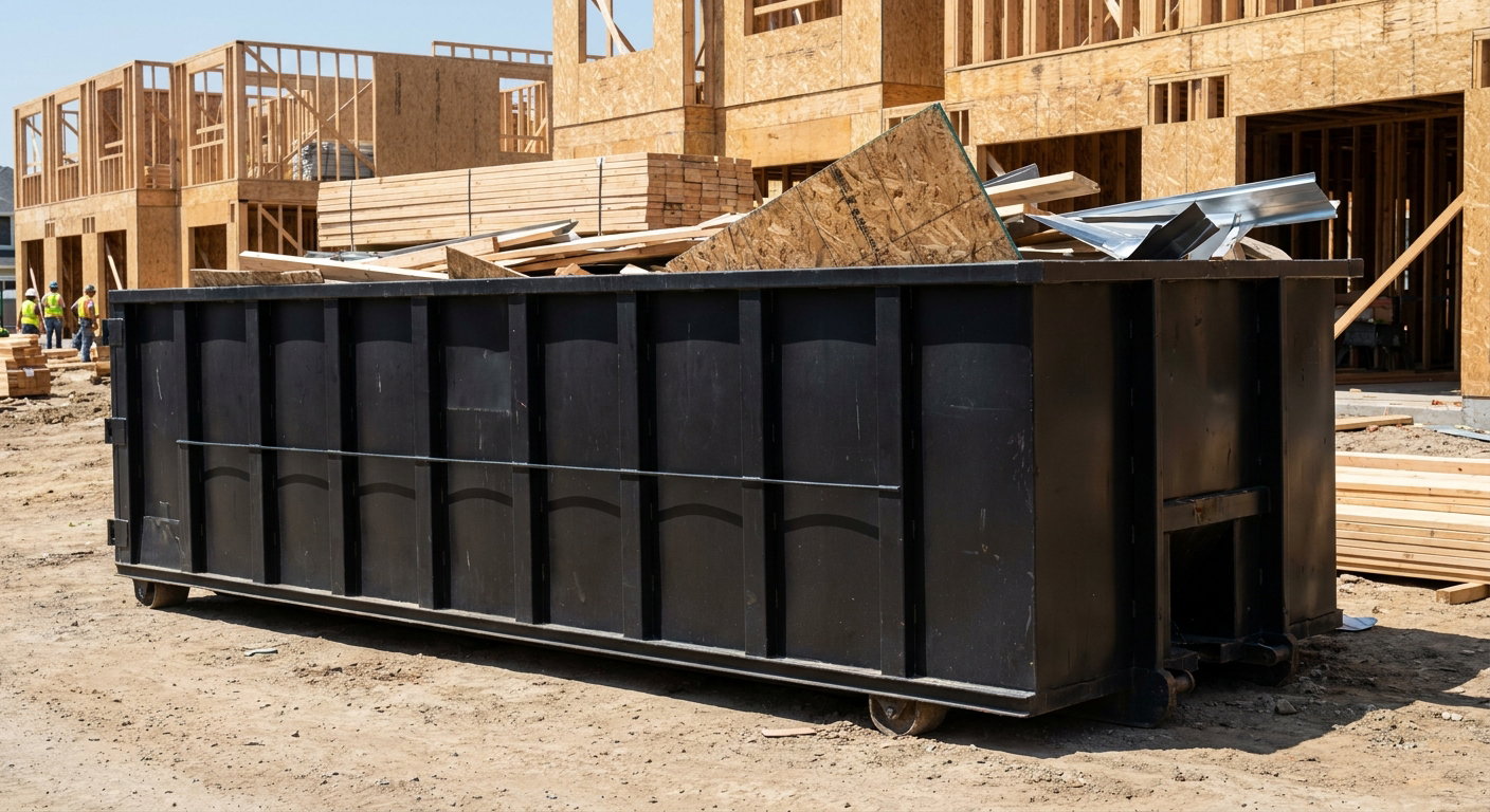 Matte-black 40-yard roll-off construction dumpster being lowered from a white-cab hooklift delivery truck onto the compacted-dirt jobsite at a commercial build site in Brownsville