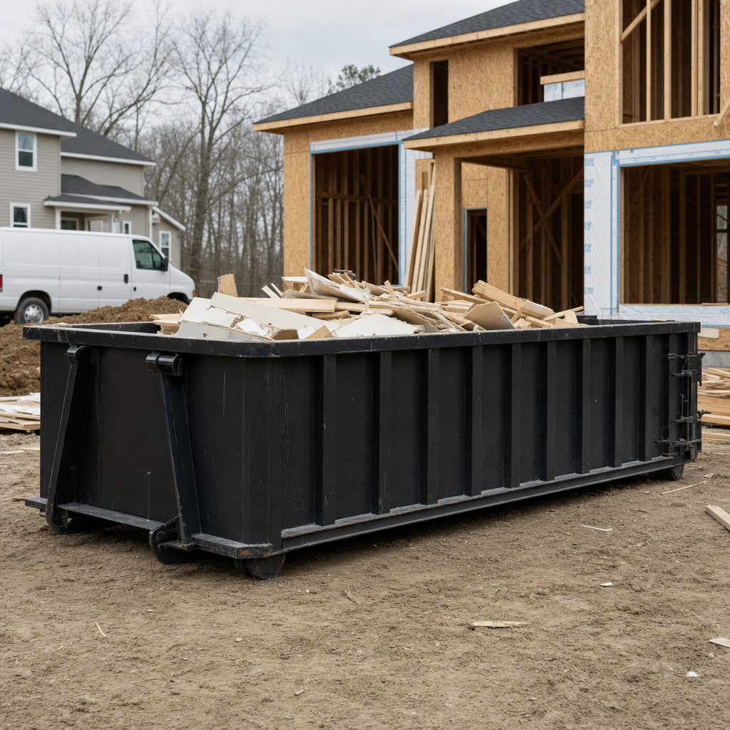 Worker in a yellow high-visibility vest tossing framing lumber and broken drywall into a matte-black 30-yard construction roll-off dumpster on an active build site in Brownsville, bright daylight