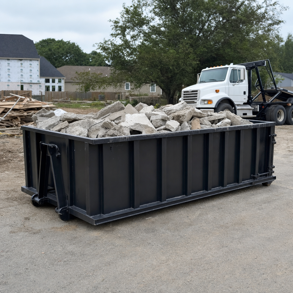 Low-profile matte-black lowboy roll-off dumpster loaded with broken concrete slab and rebar at a foundation tear-out in Brownsville, skid steer parked beside it, sunny Colorado morning