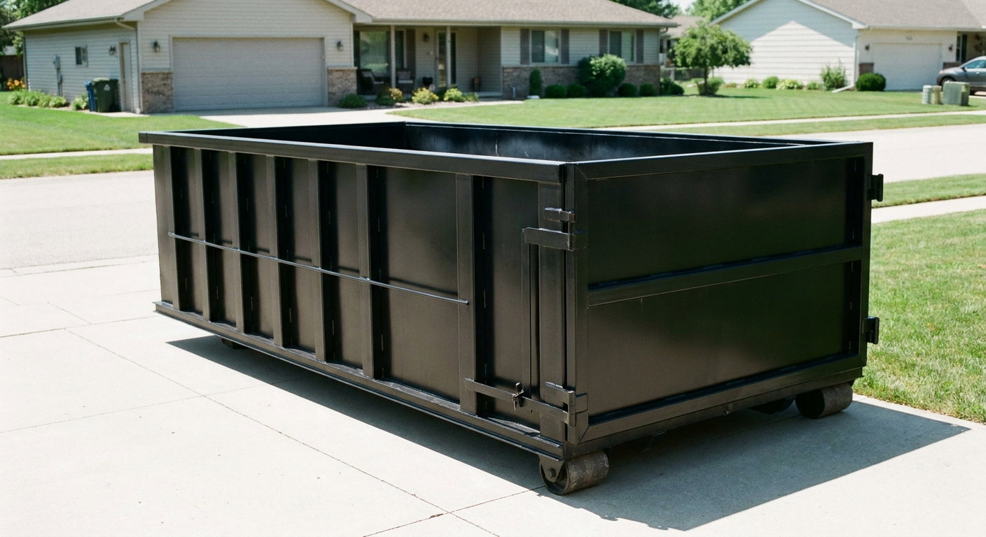 Matte-black 10-yard roll-off dumpster on a residential concrete driveway in Brownsville, uniformly painted matte black across every panel and rail, ribbed steel sidewalls and rear swing door visible, mid-day daylight.