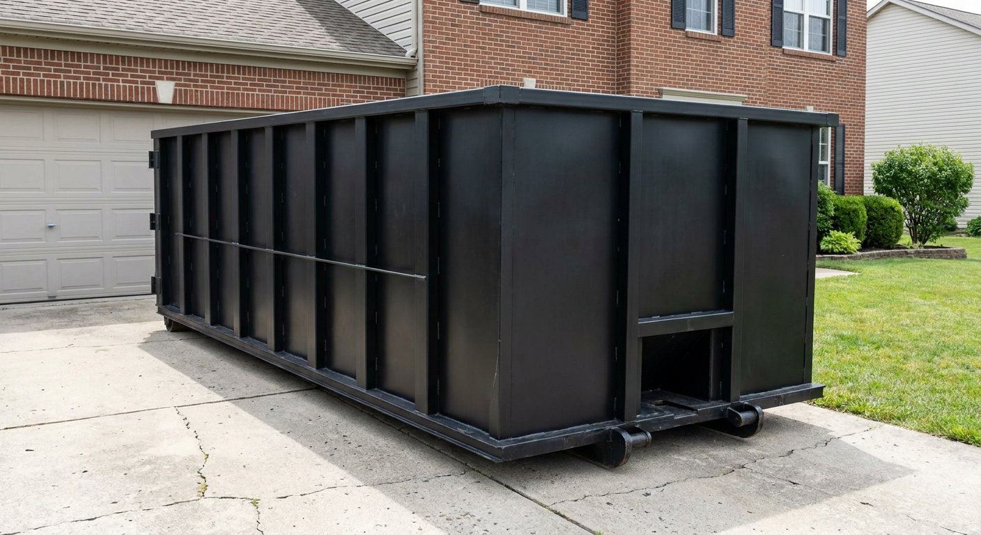 Matte-black 20-yard roll-off container on a Brownsville residential concrete driveway with reinforced ribbed steel sidewalls and a hinged rear walk-in door, clean bright daylight.