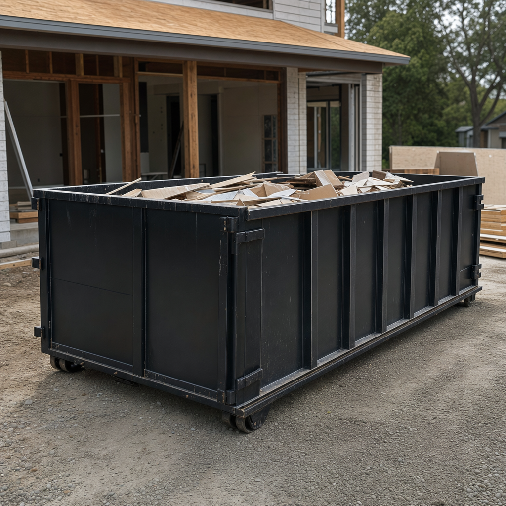 Large matte-black 30-yard construction roll-off dumpster at an active Brownsville jobsite, steel-gray top rails and bottom rollers visible, loaded with construction debris.