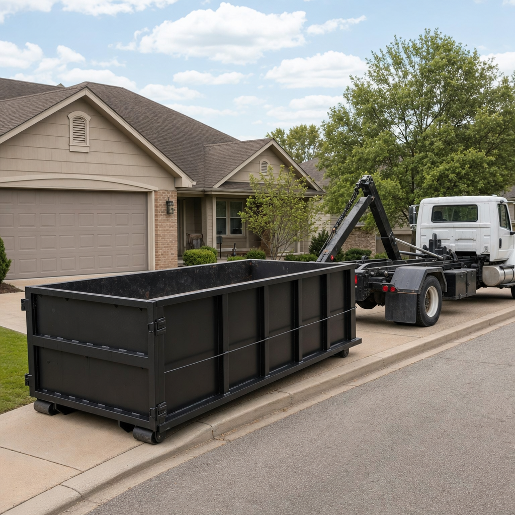 Wide documentary shot of a matte-black roll-off dumpster on a Brownsville residential driveway in the foreground and a contractor jobsite container in the soft-focus background, bright daylight, calm and orderly composition.