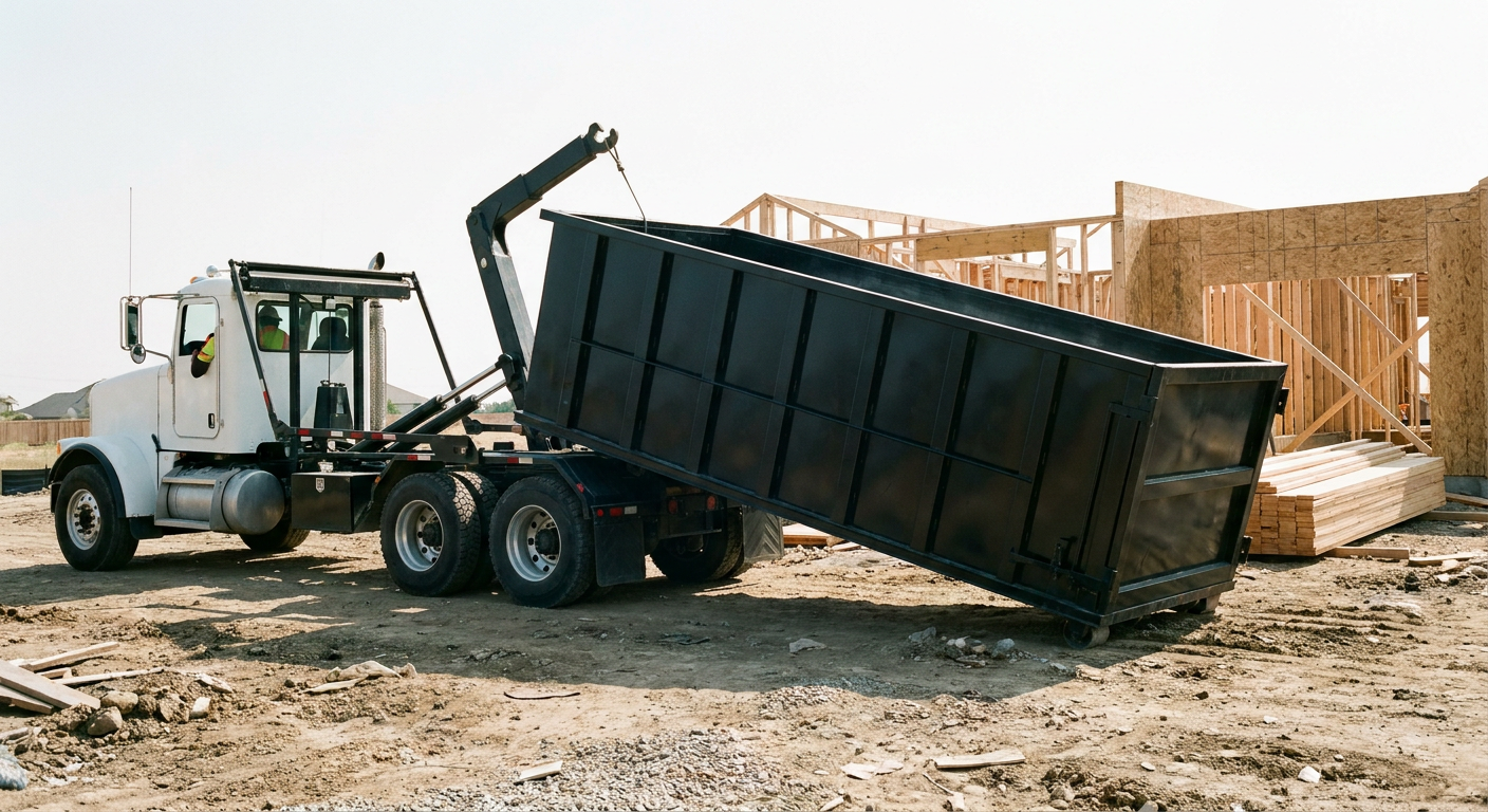 Matte-black roll-off dumpster being delivered onto a clean residential concrete driveway in Brownsville by an unmarked white hooklift hauler truck, bright morning daylight, documentary 35mm perspective.