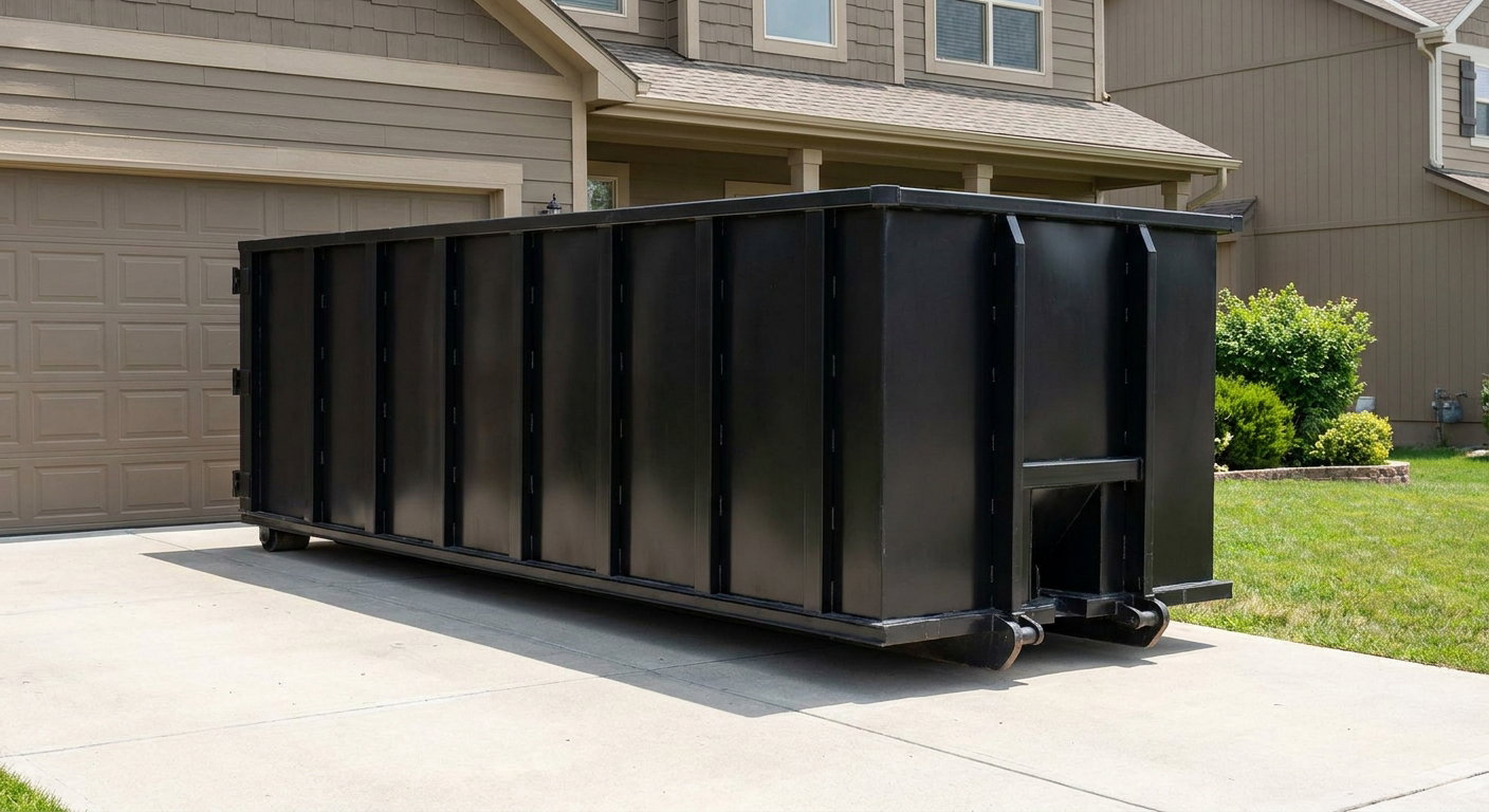 Matte-black residential roll-off dumpster sitting directly on a suburban Brownsville concrete driveway, garage door closed, single-family home in background, bright morning daylight.