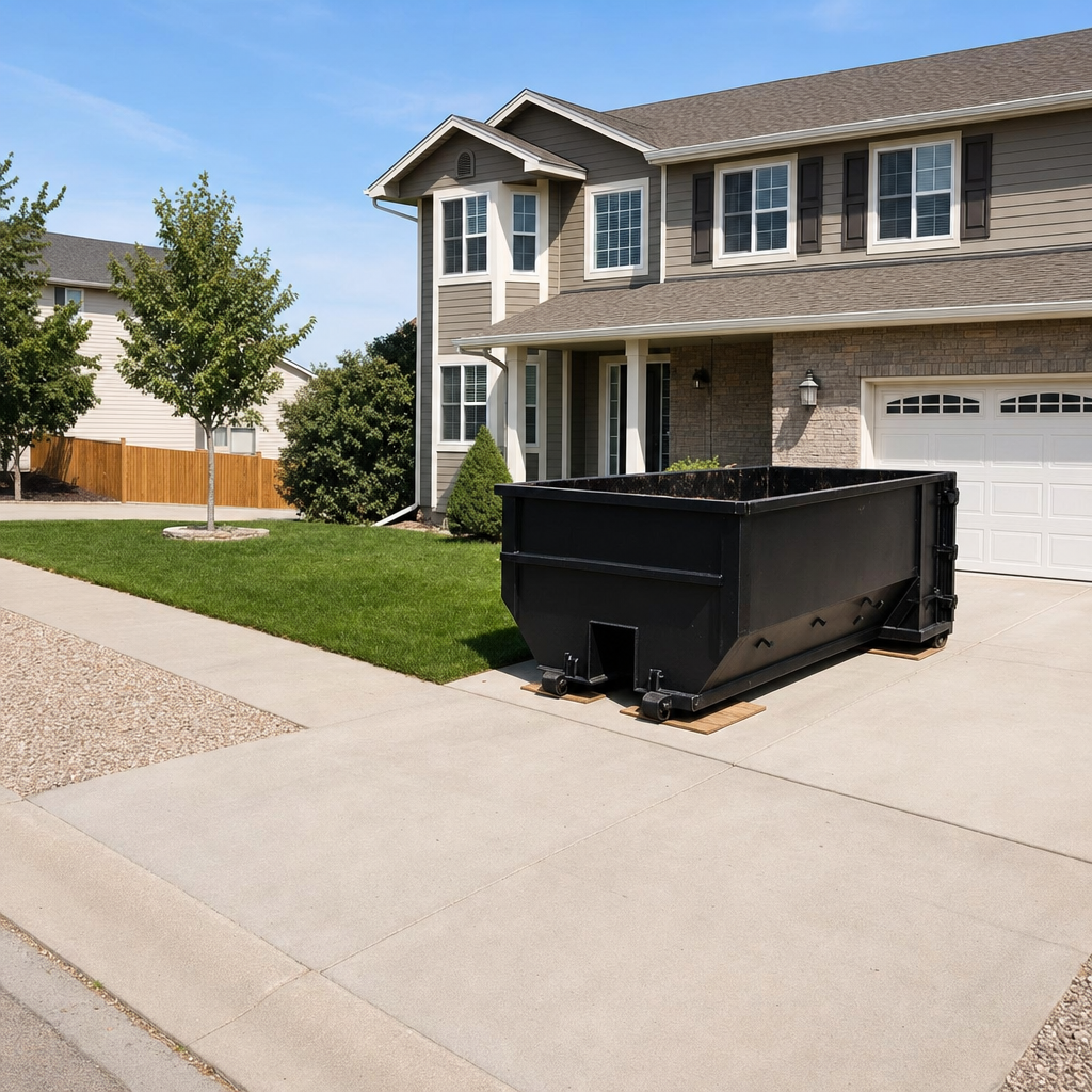10-yard matte-black residential dumpster placed directly on a narrow Brownsville concrete driveway, room remains for a parked sedan beside it, mid-morning natural light
