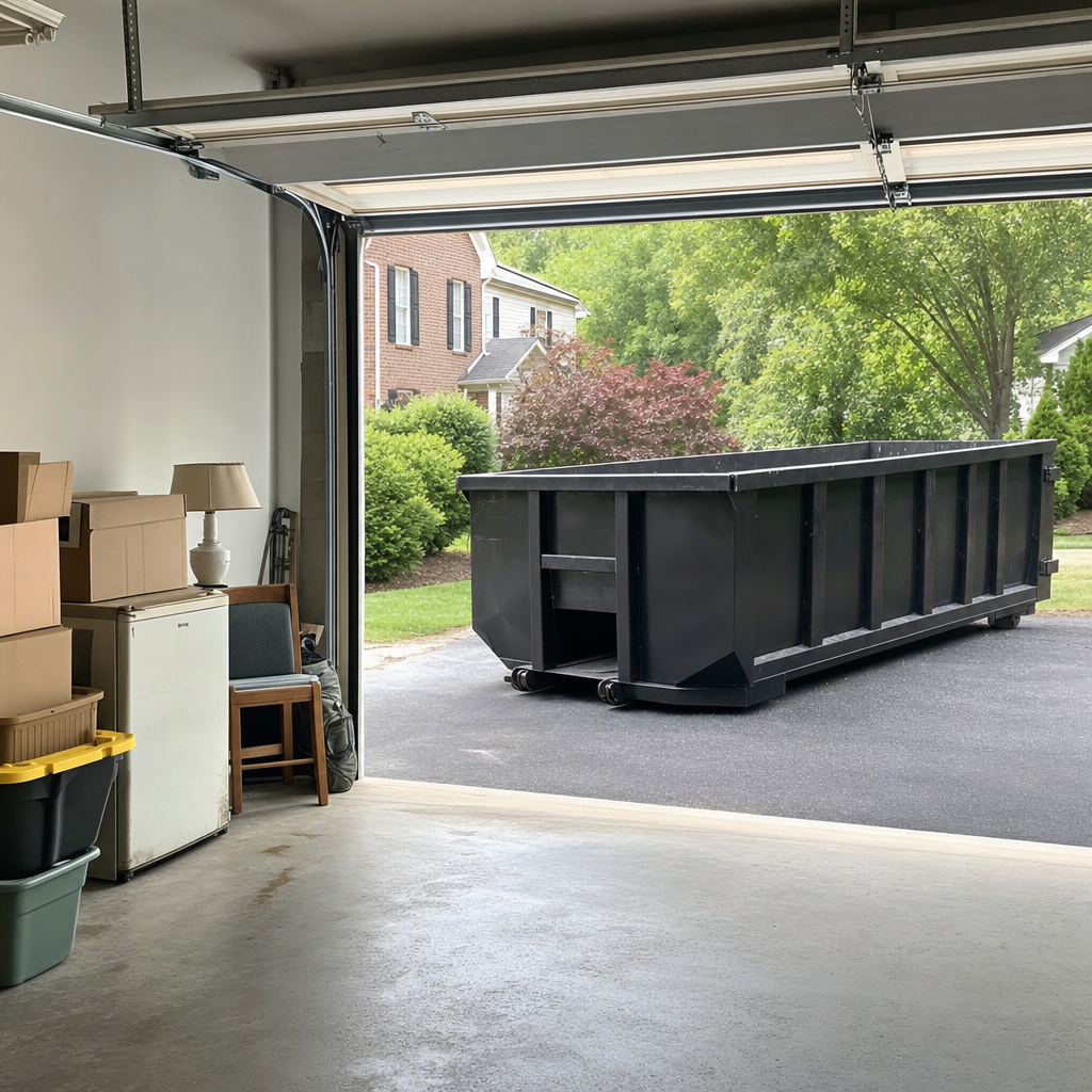 Open garage interior in a Brownsville home mid-cleanout — boxed items, an old appliance, and stacked yard tools queued near the driveway for a matte-black roll-off dumpster, organized and calm