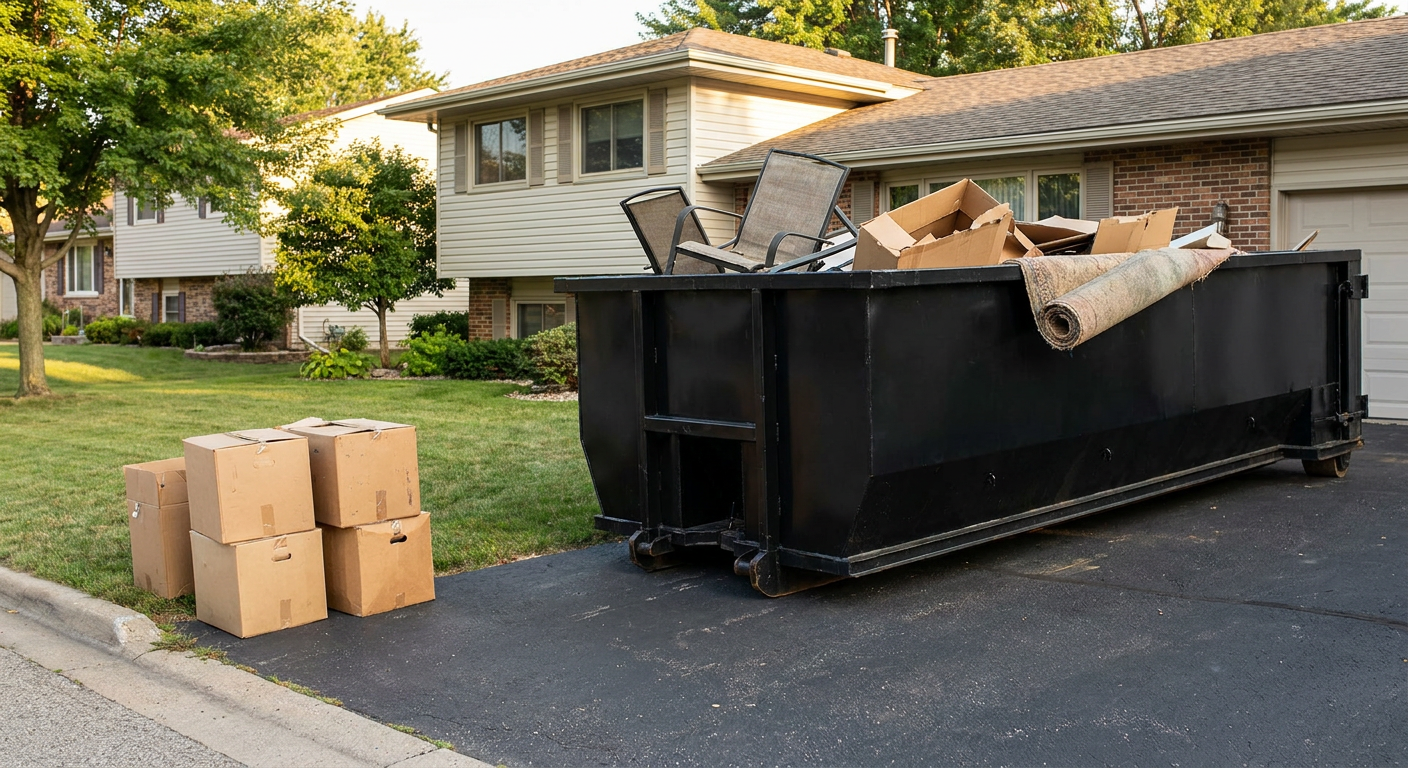 Front-yard view of a Brownsville split-level home with a 20-yard matte-black roll-off dumpster sitting directly on the asphalt driveway, a few clearly labeled donation boxes staged at the curb, calm sunny afternoon.