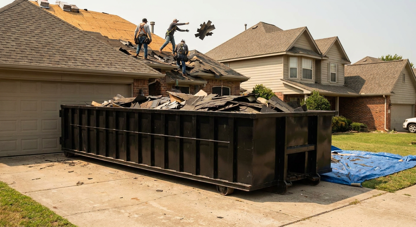 Matte-black roofing roll-off dumpster placed directly on a Brownsville residential concrete driveway, a tear-off crew on a two-story asphalt-shingle roof tossing shingle bundles into the low-walled container, bright daylight, documentary 35mm perspective.