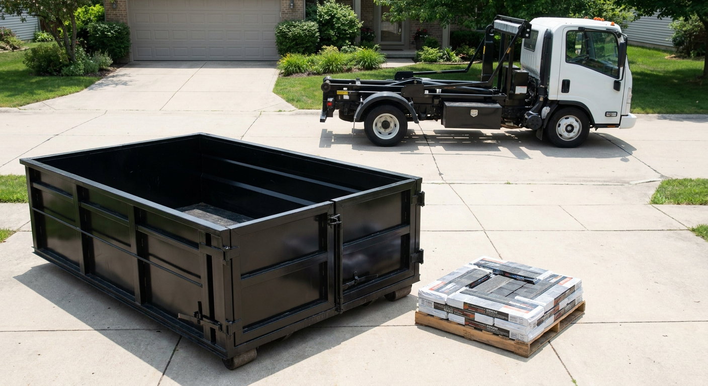 Matte-black 15-yard roofing roll-off dumpster with reinforced low side walls sitting directly on a Brownsville residential concrete driveway, three-tab asphalt shingle bundles stacked nearby, an unmarked white hauler truck partially visible at the edge of the frame.