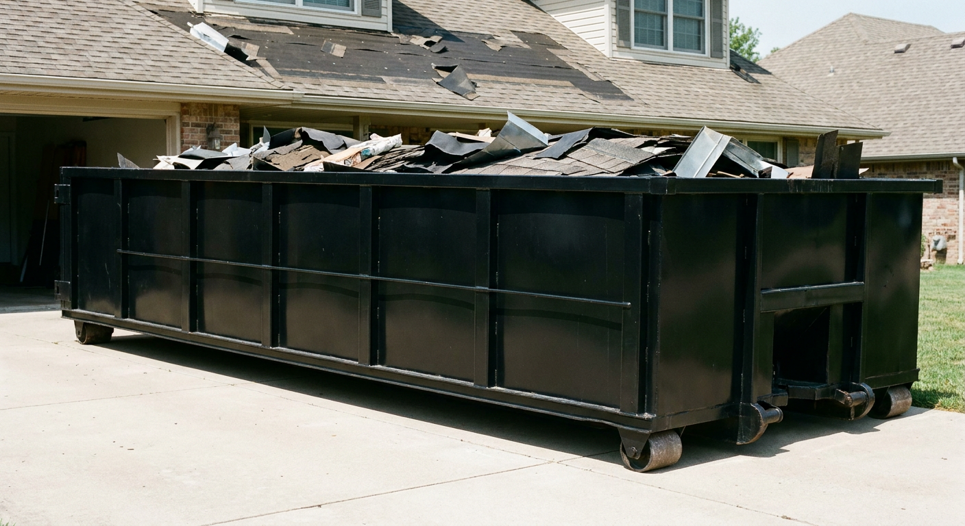 Matte-black 20-yard roofing roll-off dumpster with steel ribbed sides and swinging rear door, sitting directly on the concrete driveway of a two-story Brownsville home, asphalt shingle debris being loaded over the low wall, clean documentary lighting.