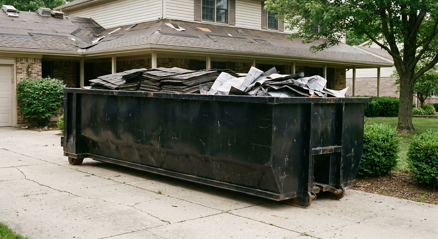 Matte-black 30-yard roofing roll-off dumpster sitting directly on a Brownsville concrete driveway, taller ribbed steel side panels, mixed tear-off debris of asphalt shingles and underlayment inside, professional documentary daylight.