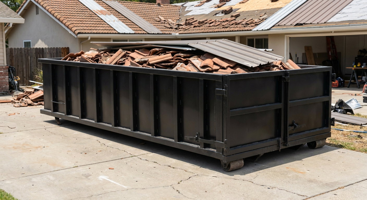 Matte-black low-wall heavy-debris roofing roll-off dumpster sitting directly on a Brownsville concrete driveway, broken concrete clay roof tiles and metal panel sections loaded inside, reinforced ribbed steel side walls visible, bright outdoor daylight.