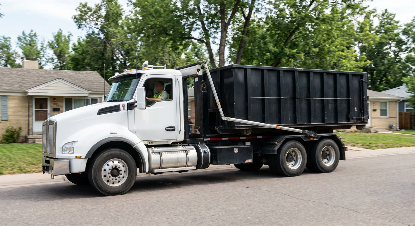 A wide documentary shot of a matte-black roll-off delivery truck pulling onto a quiet Brownsville residential street at mid-morning, with neighborhood rooftops and tree-lined blocks visible behind, showing the metro coverage footprint.