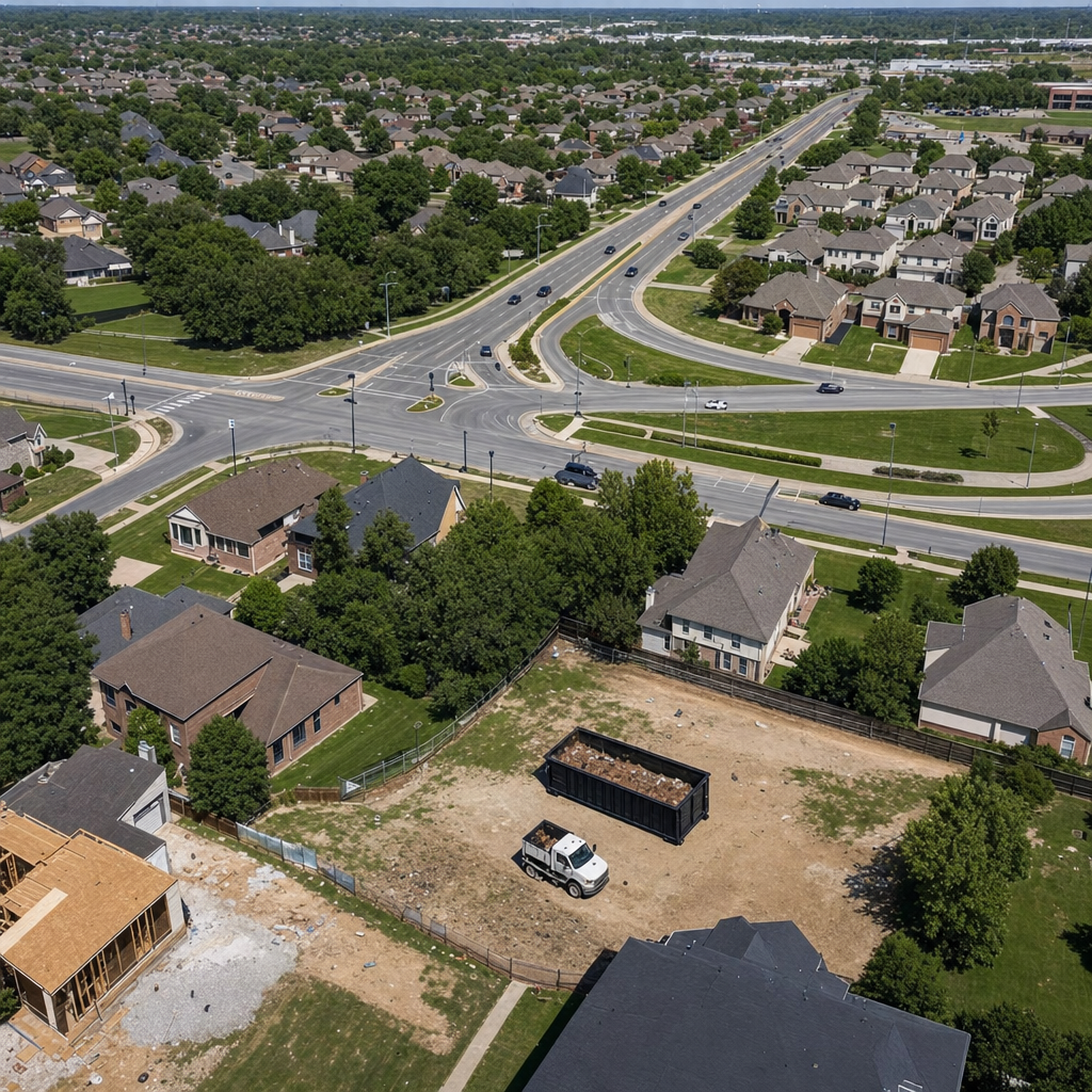 An overhead documentary view of the Brownsville metro area at midday, showing the spread of neighborhoods, arterial roads, and the dispatch radius from a central yard — clean daylight, organized geographic layout.