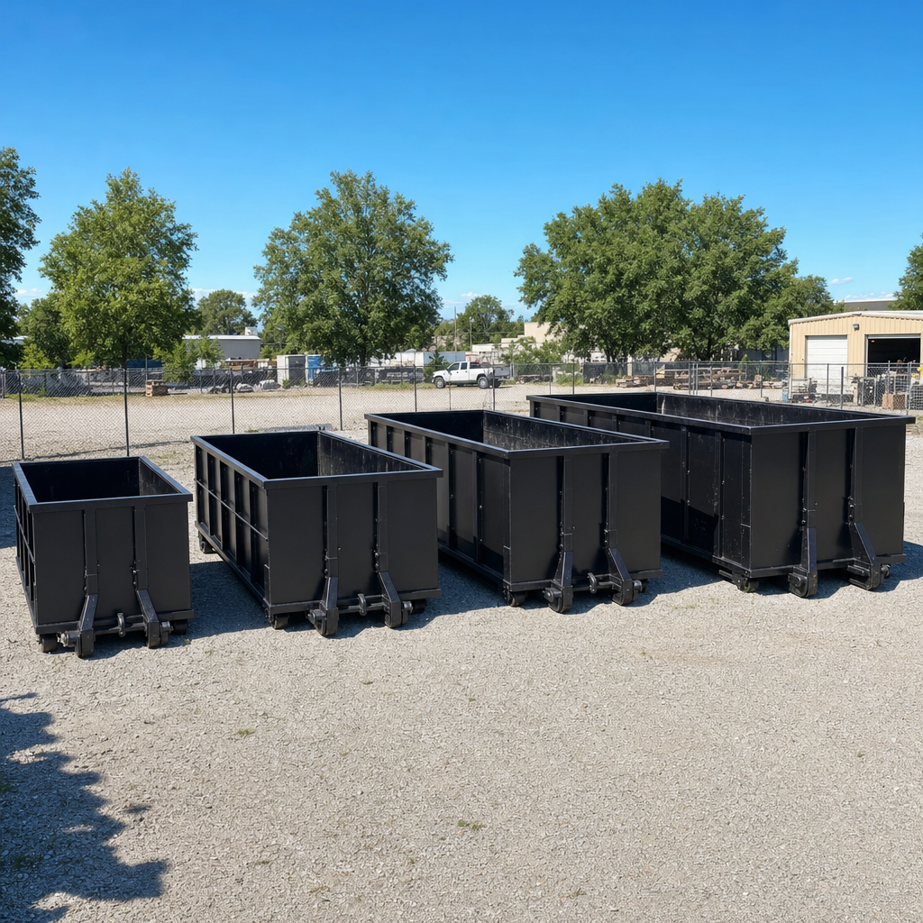 A clean lineup of matte-black roll-off dumpsters in 10, 20, 30, and 40-yard sizes staged on a sunlit gravel yard in Brownsville, showing the size progression from compact to commercial-scale containers.