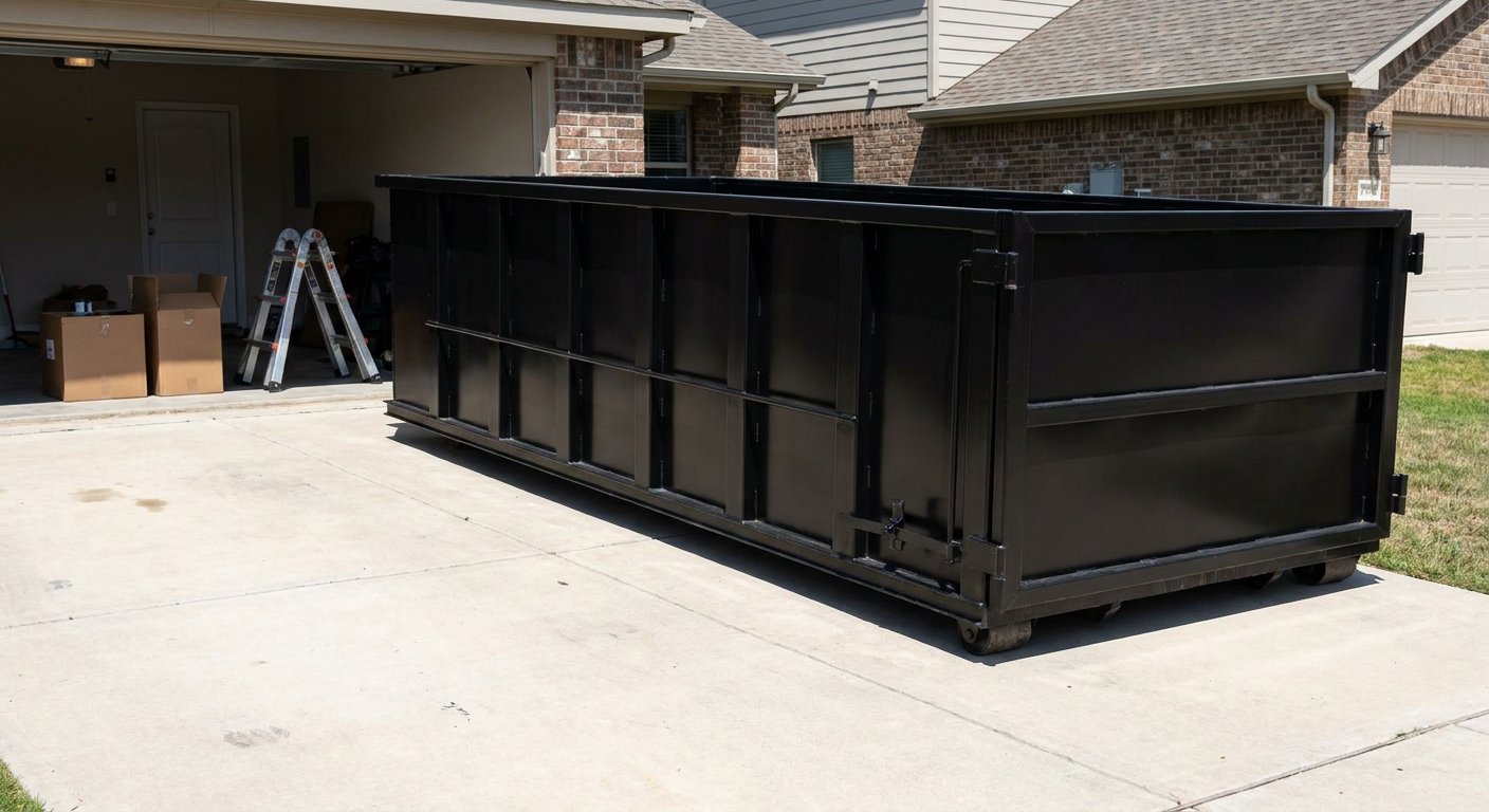 A matte-black 10-yard roll-off dumpster sitting directly on a residential Brownsville concrete driveway, mid-day sunlight, clean and ready for a garage cleanout.