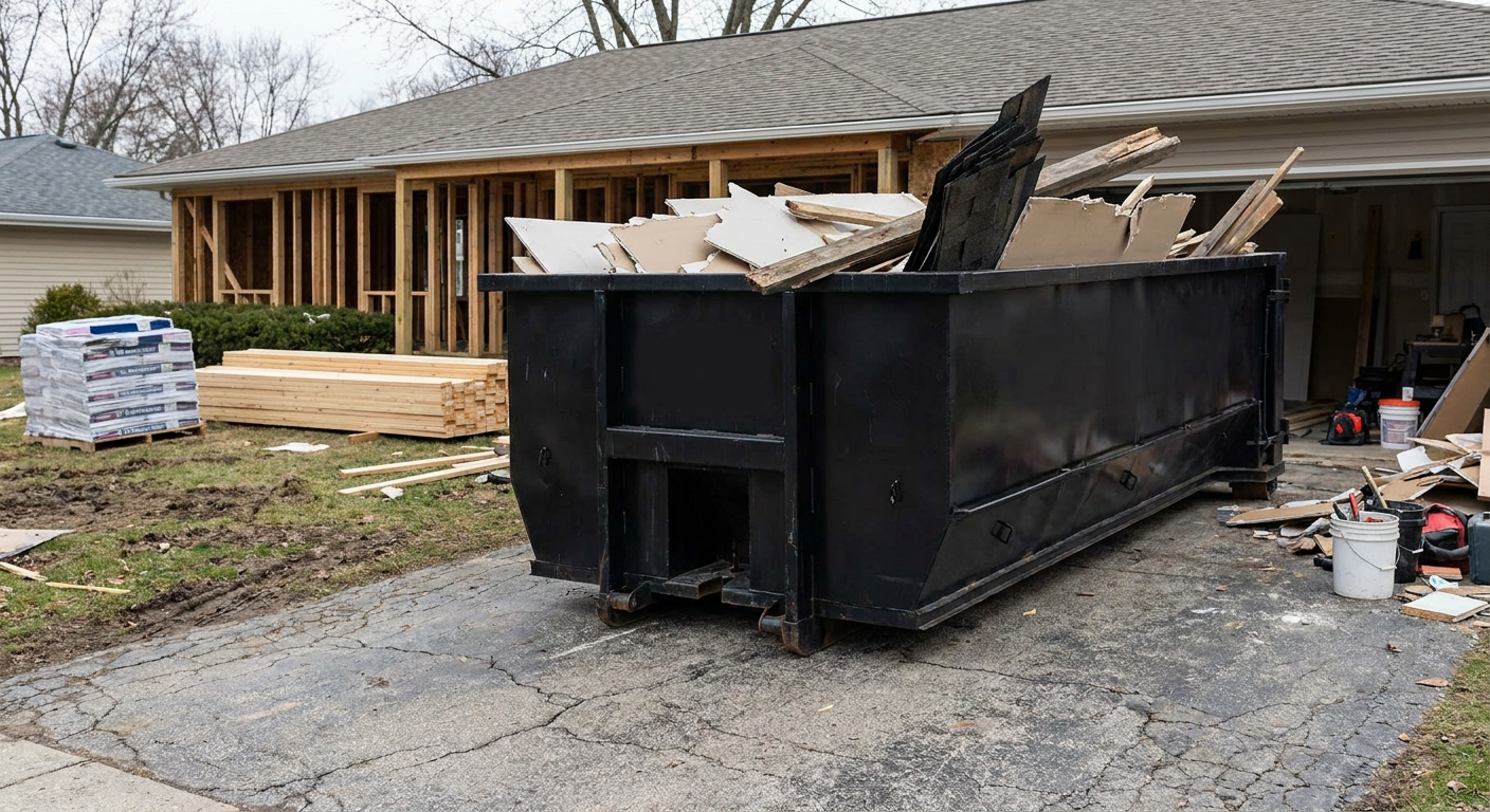 A matte-black 20-yard roll-off dumpster placed alongside a mid-renovation Brownsville home directly on the asphalt driveway, with framing materials and torn-off shingles staged neatly nearby.