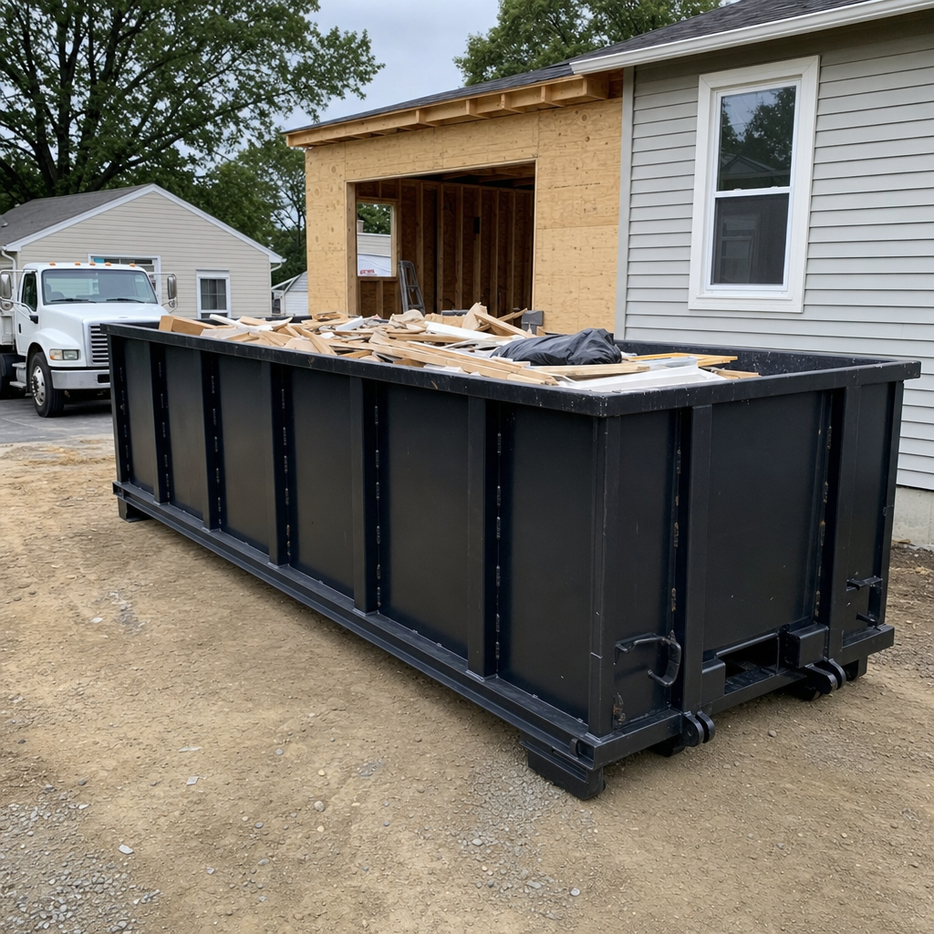 A matte-black 30-yard roll-off dumpster positioned at a Brownsville residential addition jobsite, with framing lumber and drywall scraps loaded through the open swinging rear doors.