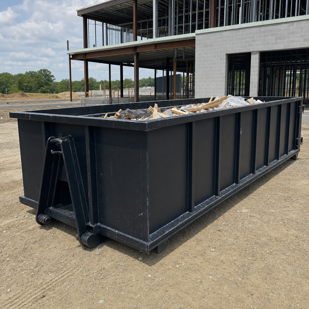 A matte-black 40-yard roll-off dumpster staged on a large Brownsville commercial construction lot, with a hooklift delivery truck parked alongside under bright midday sky.