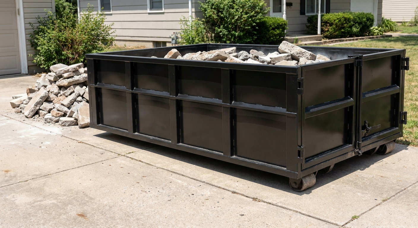A matte-black low-side heavy-debris roll-off dumpster placed directly on a Brownsville concrete driveway, with broken concrete chunks neatly stacked beside it under clean daylight.
